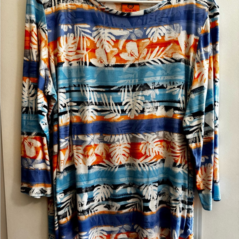 Ruby Rd. Graphic Blue and Orange 3/4 Sleeve Tunic